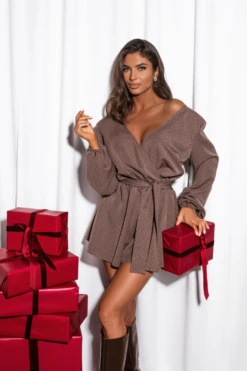 Γυναικεία Βραδυνή Ολόσωμη Γυαλιστερή Φόρμα Glow Σκούρο μπεζ