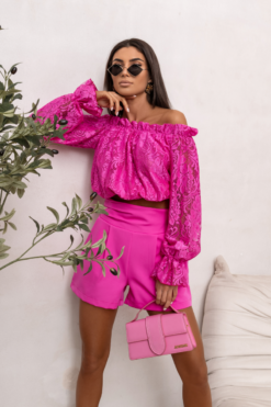 Γυναικεία Μπλούζα Mia Φούξια με Ισπανική Λαιμόκοψη & Δαντέλα